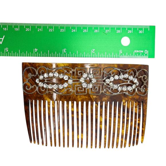 Vintage Art Deco Faux Tortoise Acetate Hair Comb Applied Filigree & Rhinestones - Picture 9 of 10